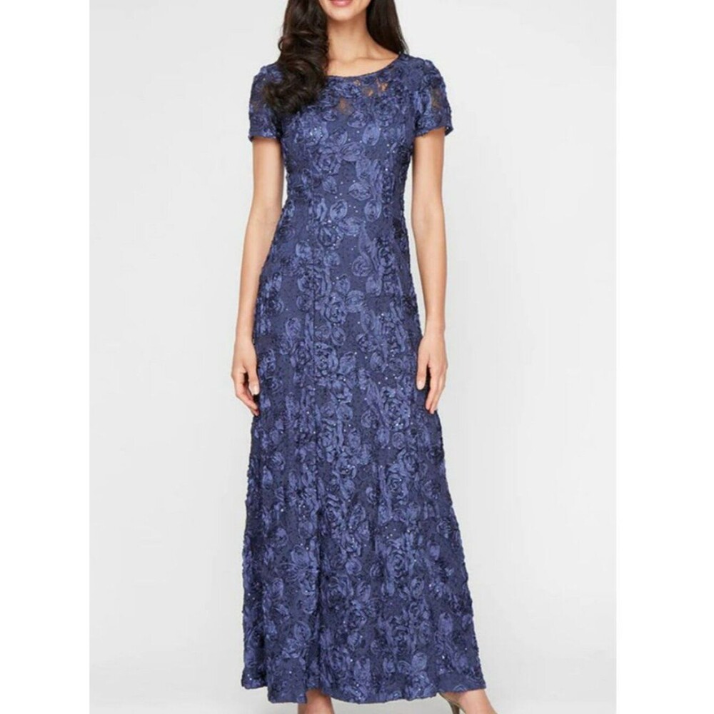 Alex Evenings Sequin Floral Lace Ribbon Rosette Short Sleeve Gown Size 12